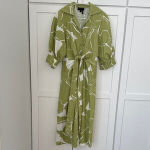 Donna Karan Olive and White Leaf Print Long Sleeve Dress
